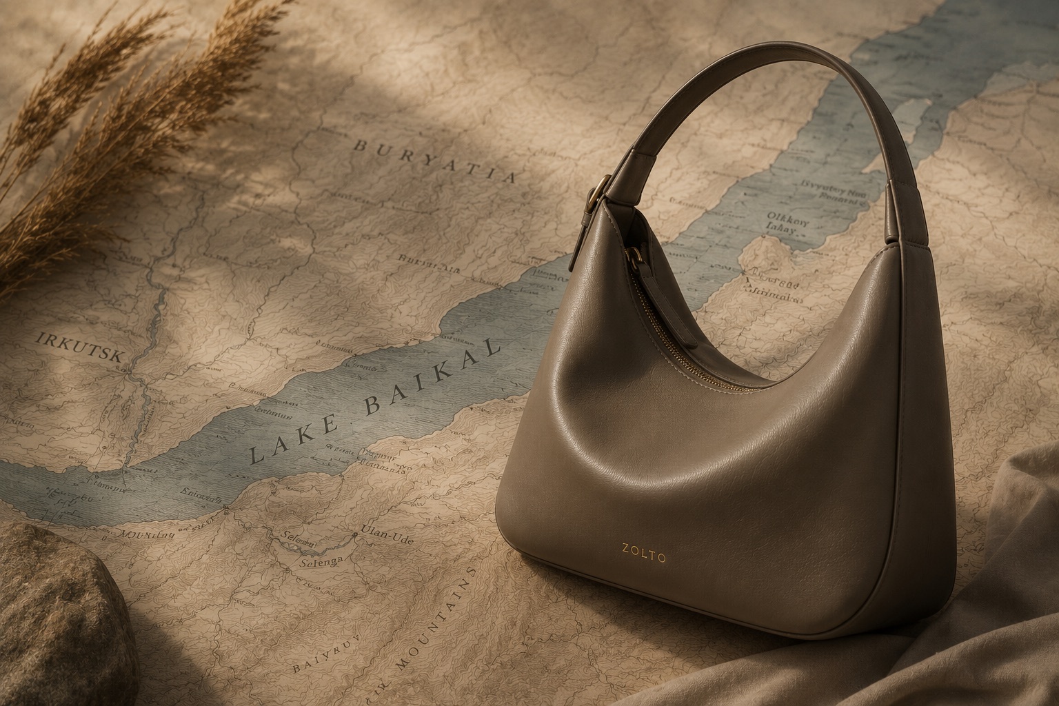 A leather hobo bag set on an antique map of Lake Baikal and Buryatia, beside a stem of dried steppe grass.